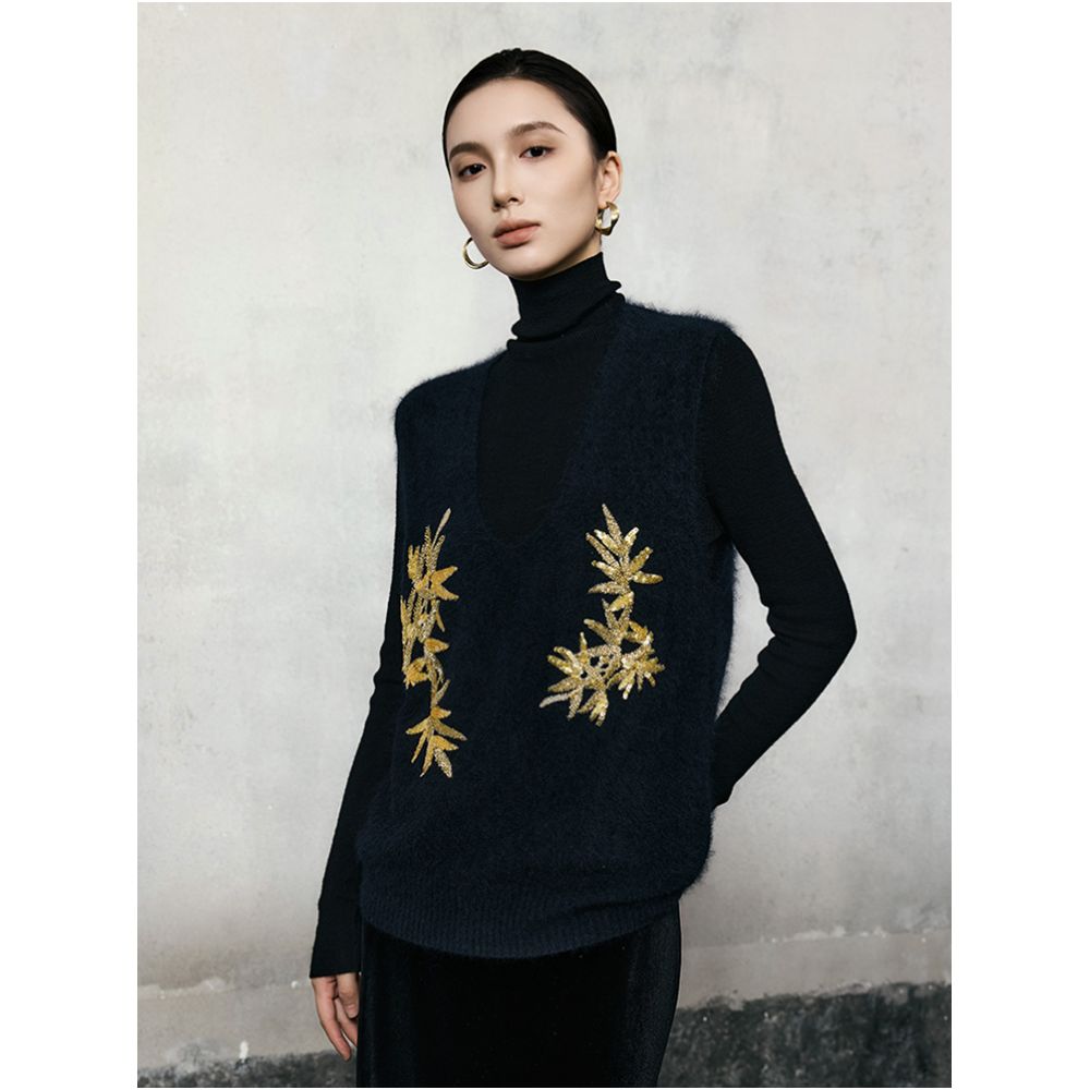 HECO Qingjin New Chinese Bead Embroidered V neck Wool Knitted Vest Women s 2025 Autumn Winter Stacked Vest image 1