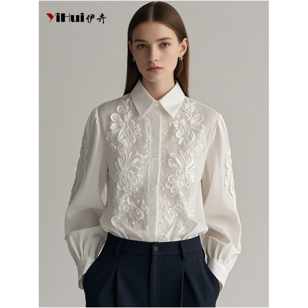 White shirt women s long sleeved top temperament shirt fashionable professional design heavy embroidery 2025 spring and autumn clothing image 0