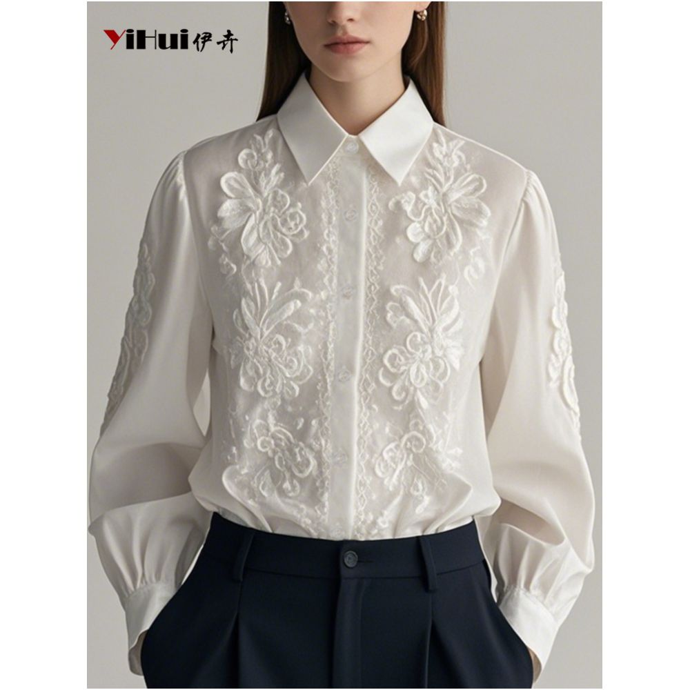 White shirt women s long sleeved top temperament shirt fashionable professional design heavy embroidery 2025 spring and autumn clothing image 1