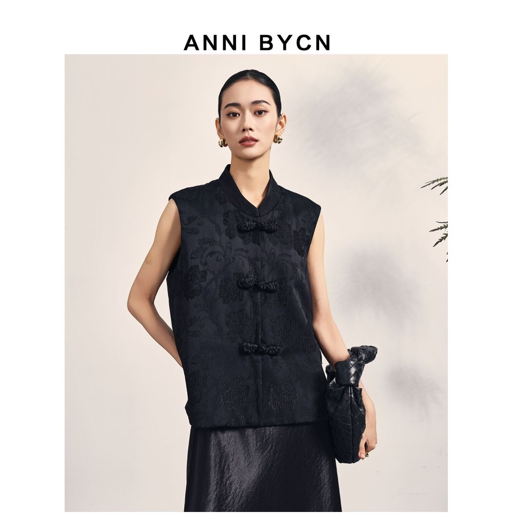Annibycn New Chinese Style Black Vest Women s Spring and Autumn Female Temperament Standing Collar Jacquard Buckle Top image 0