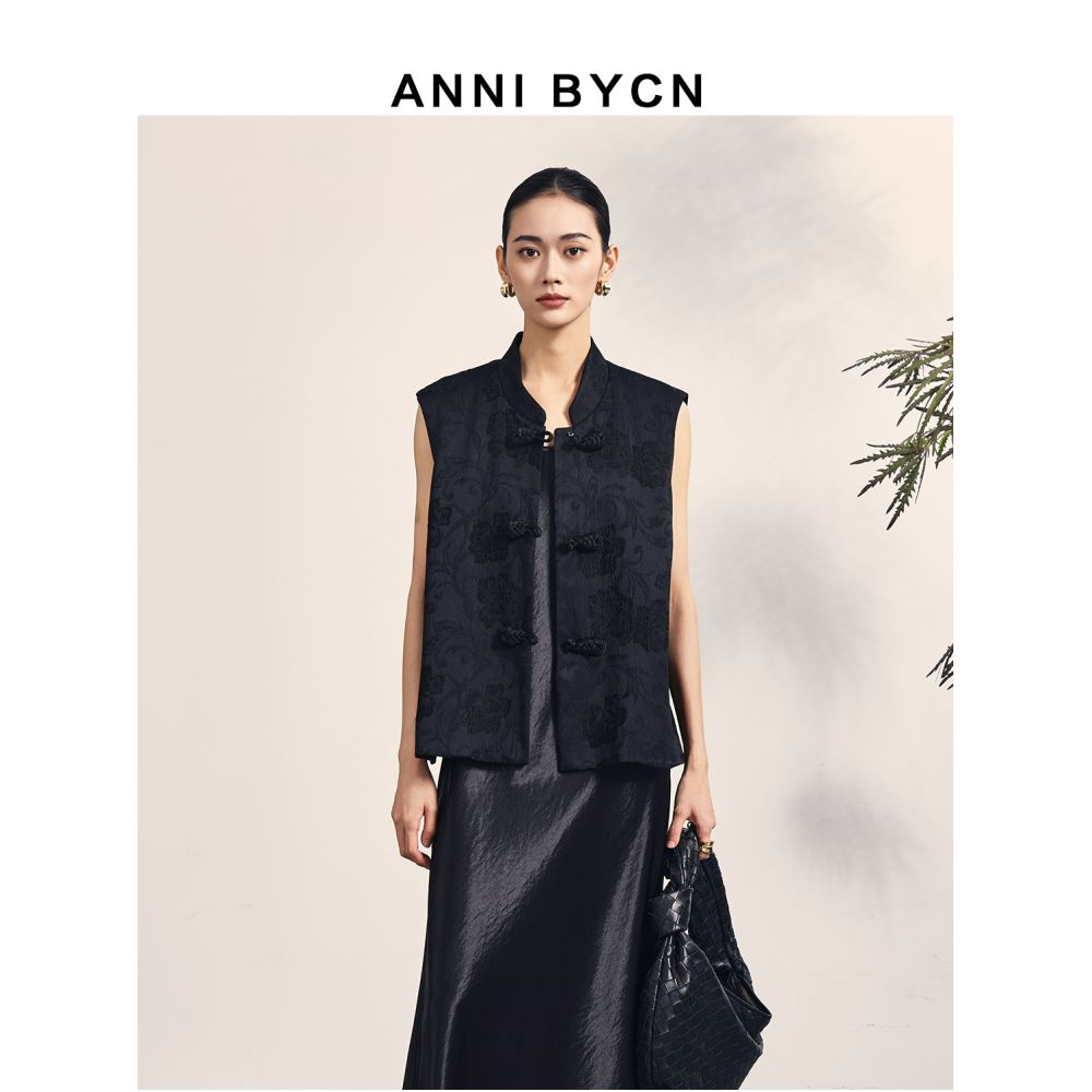 Annibycn New Chinese Style Black Vest Women s Spring and Autumn Female Temperament Standing Collar Jacquard Buckle Top image 1