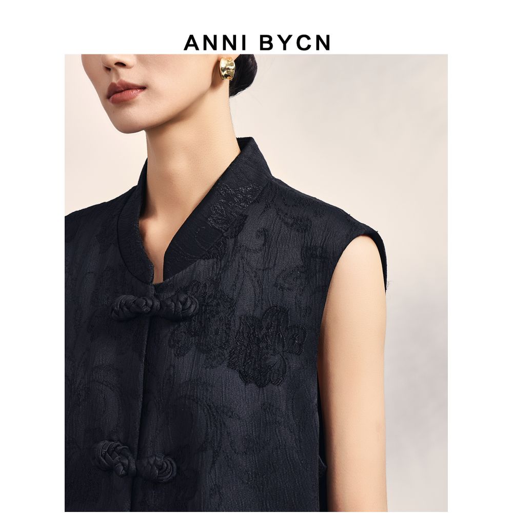 Annibycn New Chinese Style Black Vest Women s Spring and Autumn Female Temperament Standing Collar Jacquard Buckle Top image 2