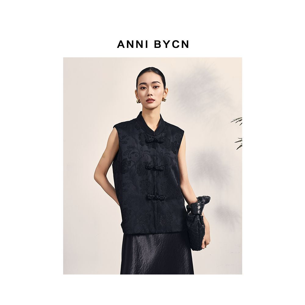 Annibycn New Chinese Style Black Vest Women s Spring and Autumn Female Temperament Standing Collar Jacquard Buckle Top image 7