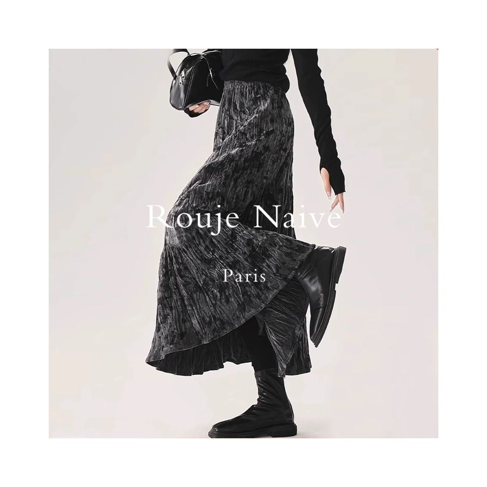 Rouje Naive texture pleated velvet skirt for women new autumn and winter thick slimming A line pleated umbrella skirt image 0