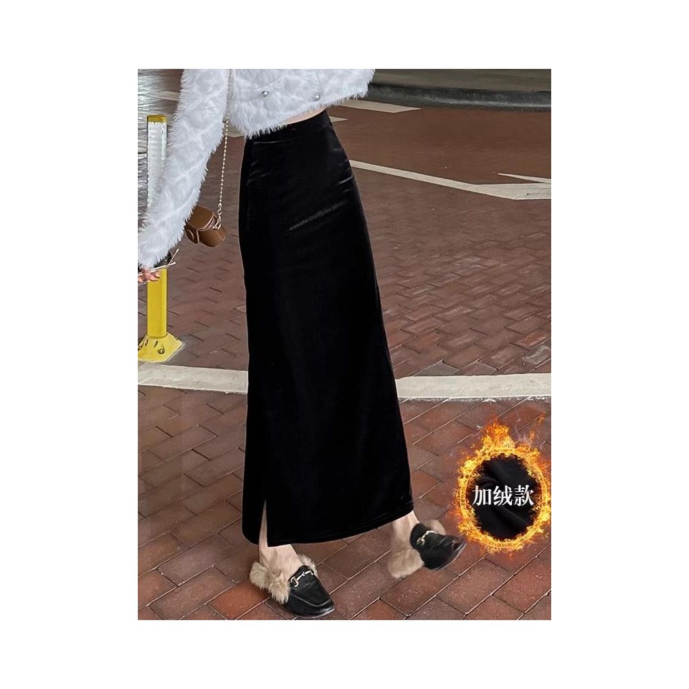 Rouje Naive Gold Velvet Half length Skirt Women s Long Skirt New Autumn and Winter High Waist Drop Feel Split Straight Tube Skirt image 1