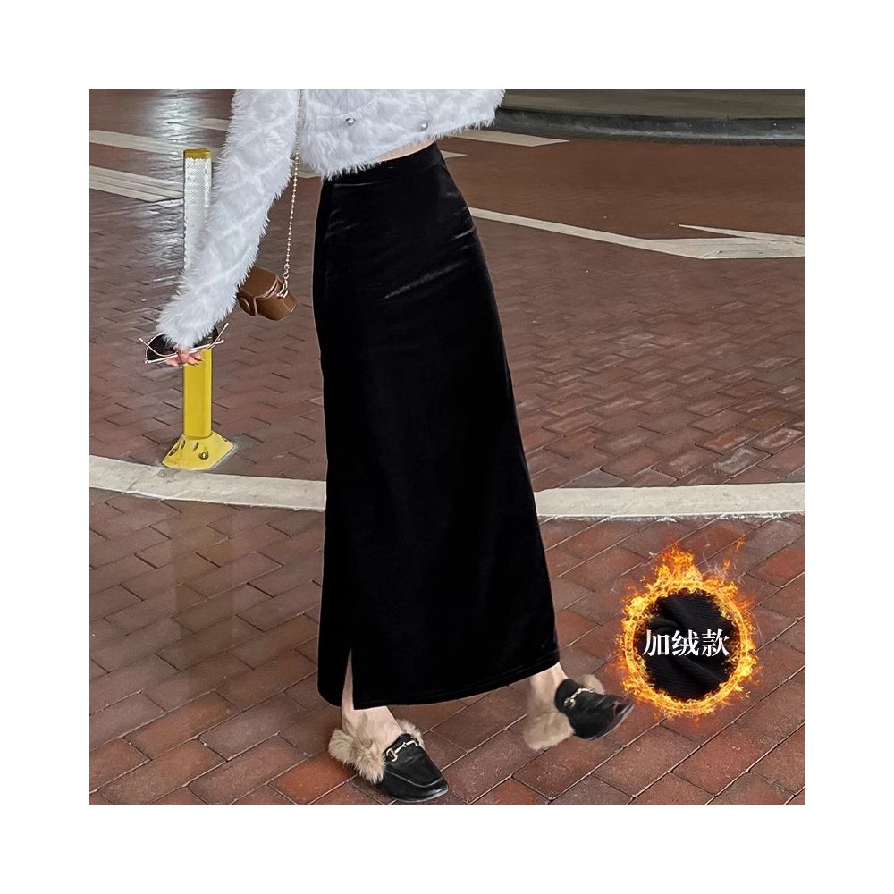 Rouje Naive Gold Velvet Half length Skirt Women s Long Skirt New Autumn and Winter High Waist Drop Feel Split Straight Tube Skirt image 17