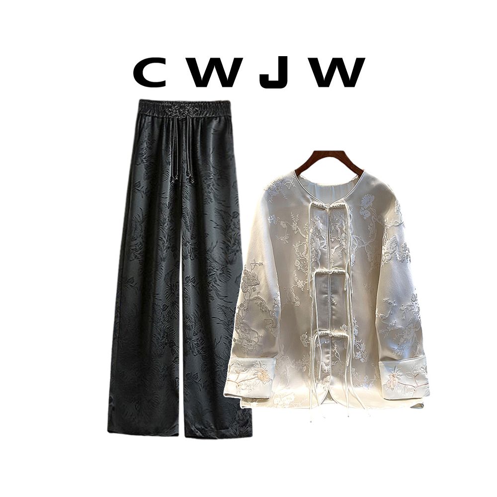 Spot two piece women s loose 25 autumn white jacket new Chinese style hanging wide leg pants image 6