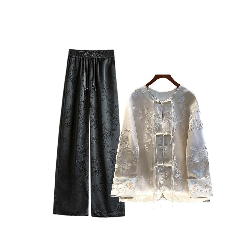 Spot two piece women s loose 25 autumn white jacket new Chinese style hanging wide leg pants image 10