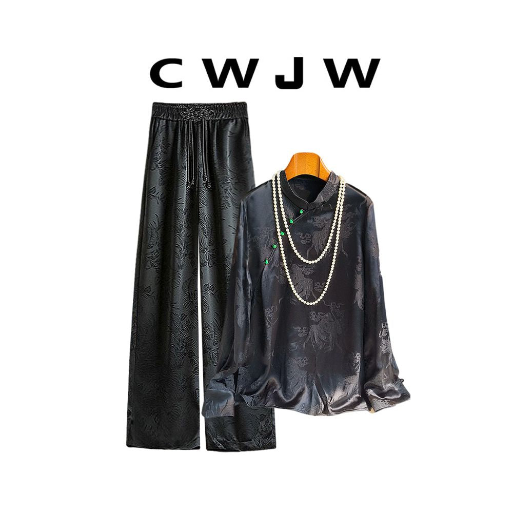 Spot two piece set of women s loose spring and autumn style slanted placket shirt new Chinese style hanging wide leg pants set image 0