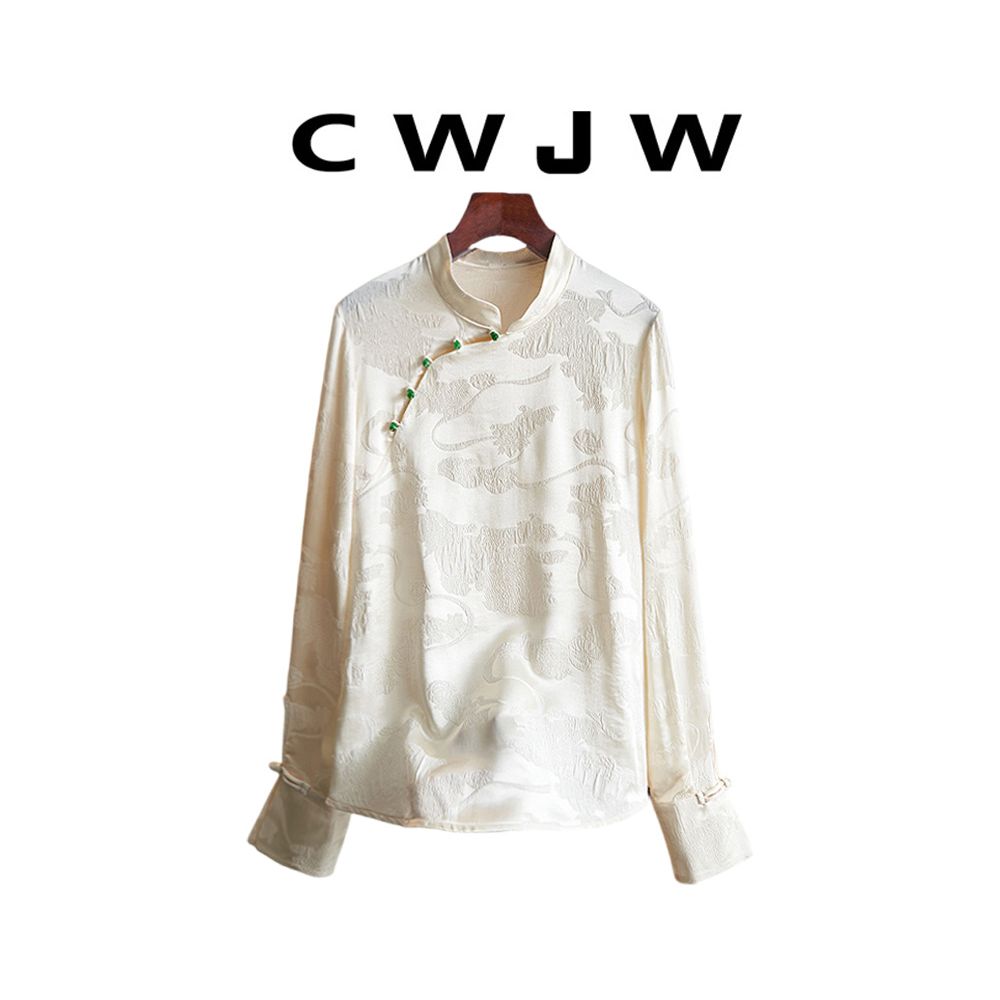 Spot two piece set of women s loose spring and autumn style slanted placket shirt new Chinese style hanging wide leg pants set image 8