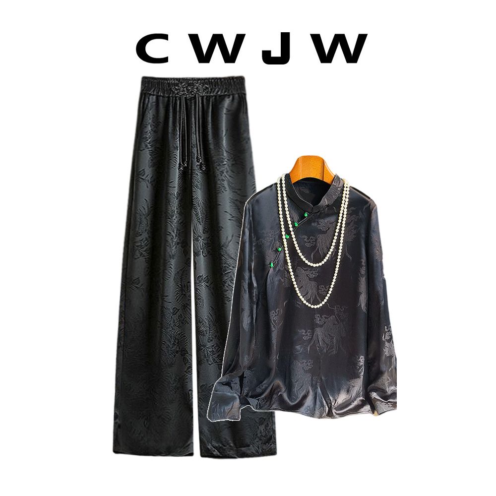 Spot two piece set of women s loose spring and autumn style slanted placket shirt new Chinese style hanging wide leg pants set image 16