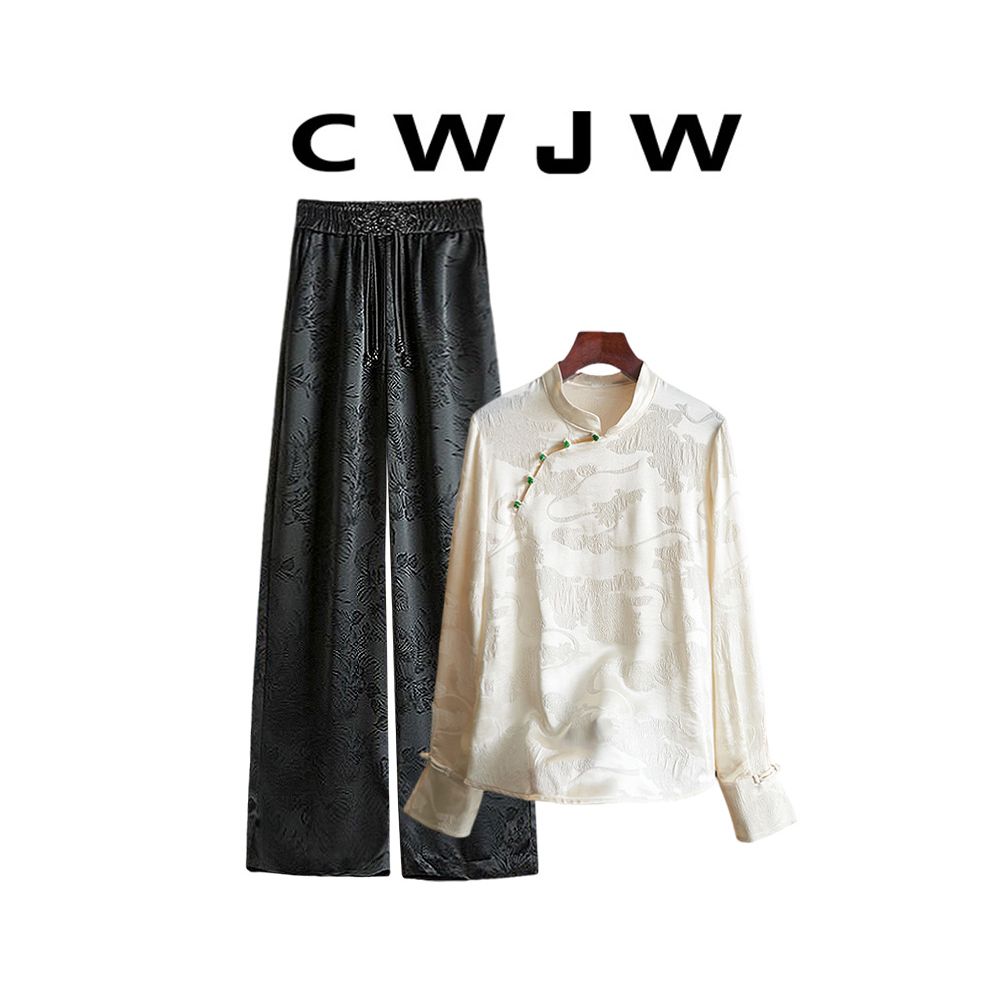 Spot two piece set of women s loose spring and autumn style slanted placket shirt new Chinese style hanging wide leg pants set image 18