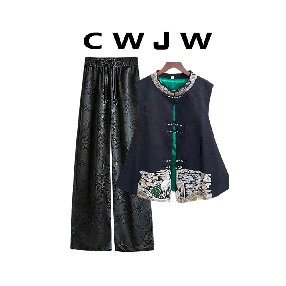 Spot two piece women s loose autumn and winter Chinese style cracked vest new Chinese style hanging wide leg pants set image 3