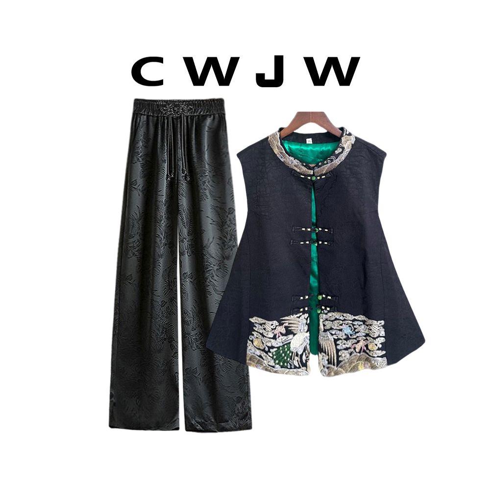 Spot two piece women s loose autumn and winter Chinese style cracked vest new Chinese style hanging wide leg pants set image 12