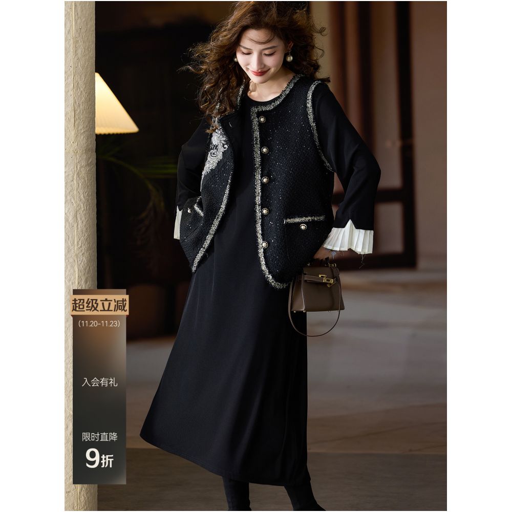 Solid wood and Western style black nail bead two piece dress women s autumn and winter new dress 2025 plus size European women s clothing image 0