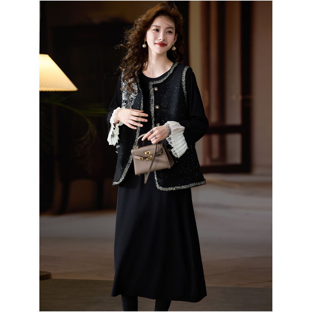 Solid wood and Western style black nail bead two piece dress women s autumn and winter new dress 2025 plus size European women s clothing image 2