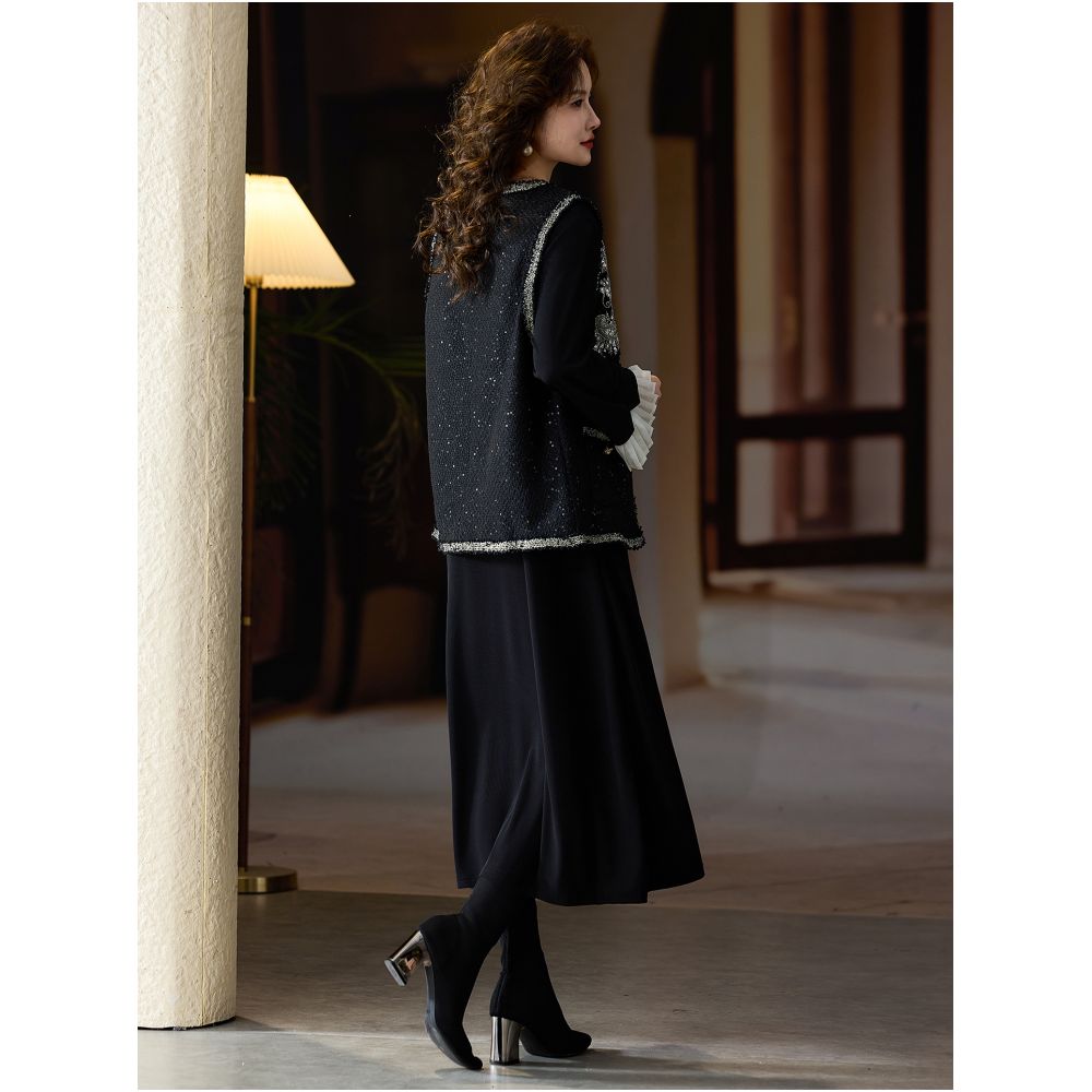 Solid wood and Western style black nail bead two piece dress women s autumn and winter new dress 2025 plus size European women s clothing image 4