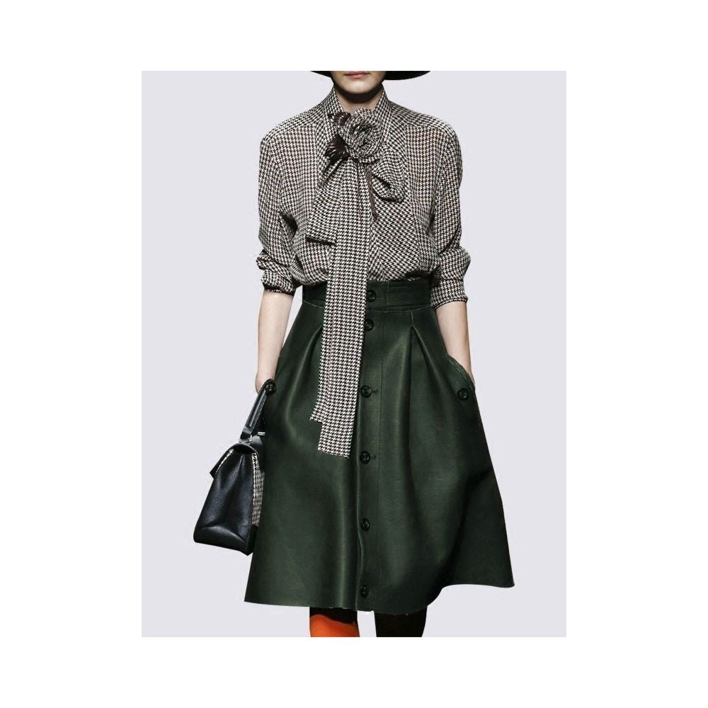 Fashion Set New Women s Bow Thousand Bird Checkered Shirt Women s Long Sleeve Shirt European Top Leather Skirt Two Piece Set image 0
