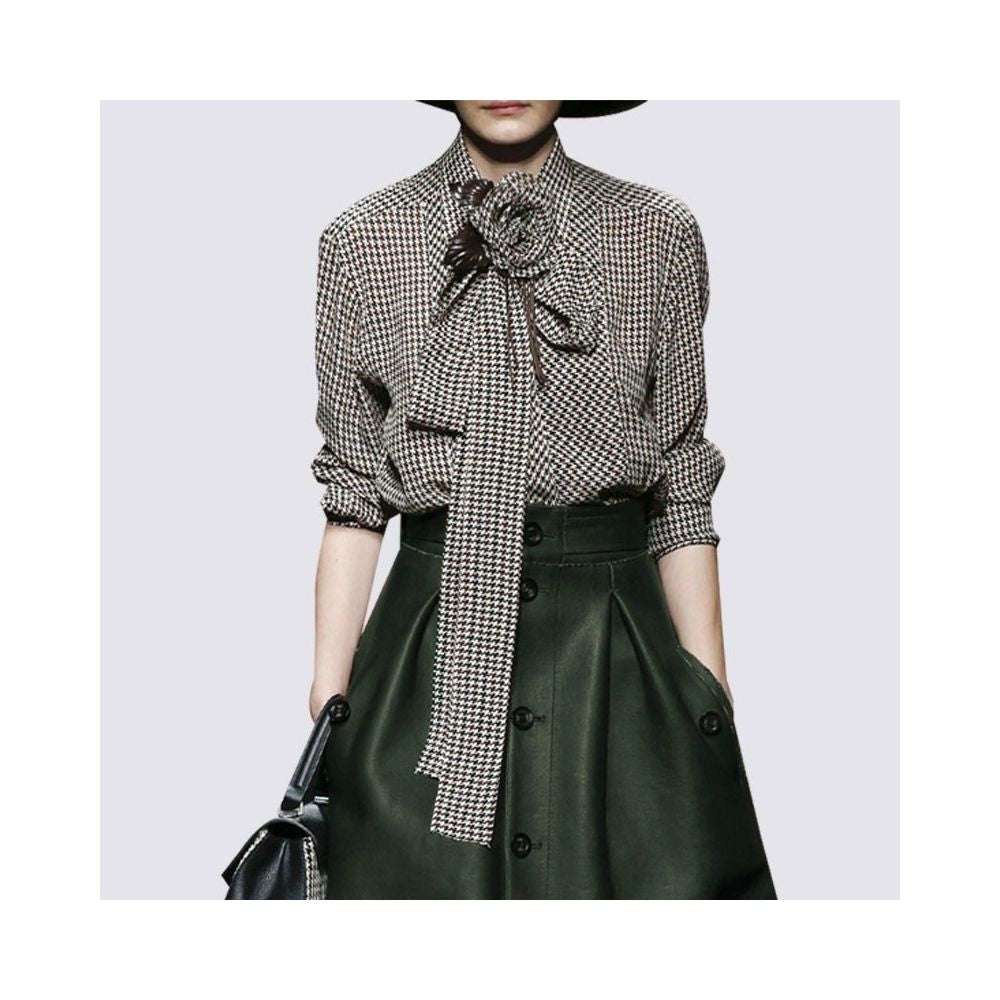 Fashion Set New Women s Bow Thousand Bird Checkered Shirt Women s Long Sleeve Shirt European Top Leather Skirt Two Piece Set image 5