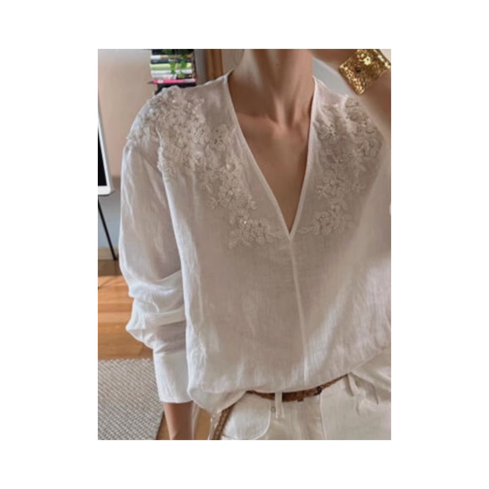 Summer 2025 new niche style white long sleeved shirt with French design V neck relaxed feeling sun protection shirt image 4