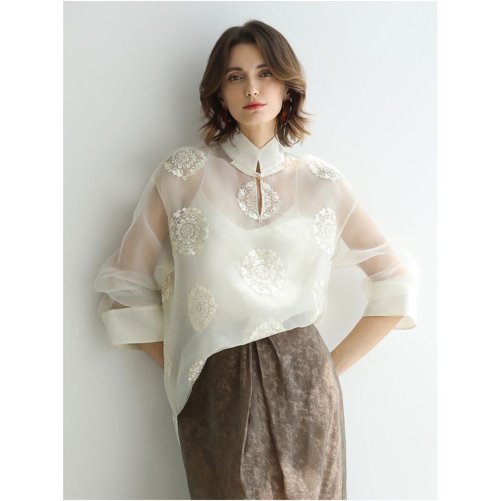 COCOBELLA New Chinese White Embroidered Shirt Women s Chinese Style Stand up Collar Micro Transparent Inner Top SR3228 image 2
