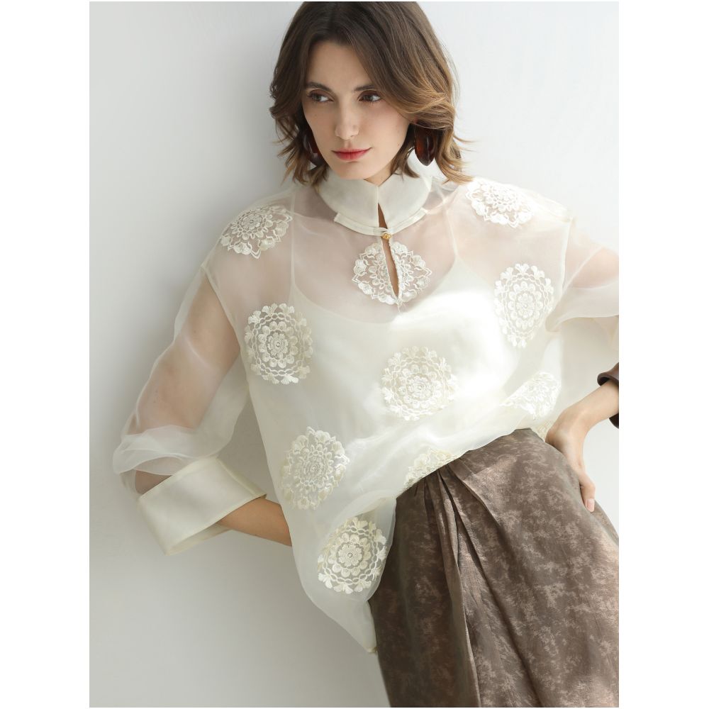 COCOBELLA New Chinese White Embroidered Shirt Women s Chinese Style Stand up Collar Micro Transparent Inner Top SR3228 image 9