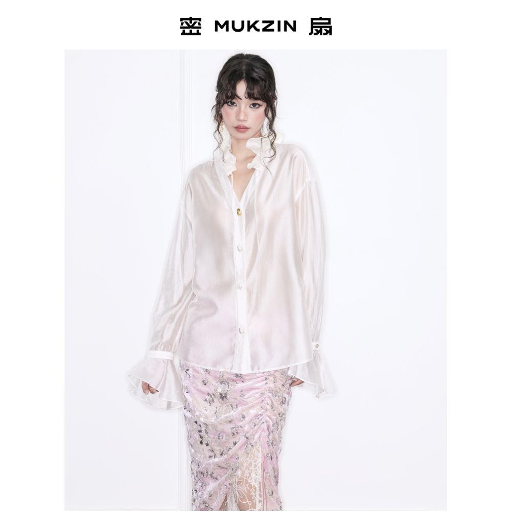 Huang Ling s Same Style Secret Fan 2025 Autumn New Collection Cloud Yao Realm Pearl White Versatile Lotus Leaf Collar Shirt image 0