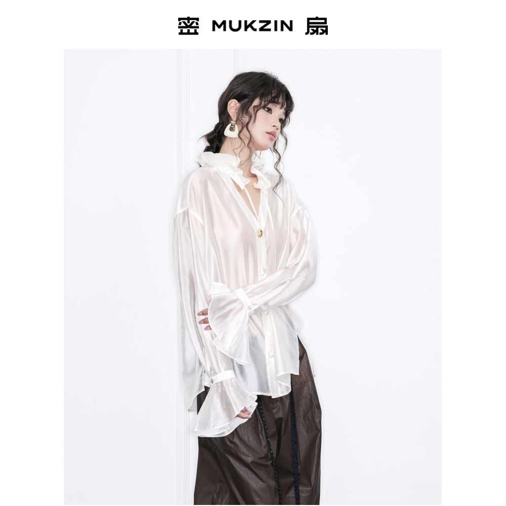 Huang Ling s Same Style Secret Fan 2025 Autumn New Collection Cloud Yao Realm Pearl White Versatile Lotus Leaf Collar Shirt image 3