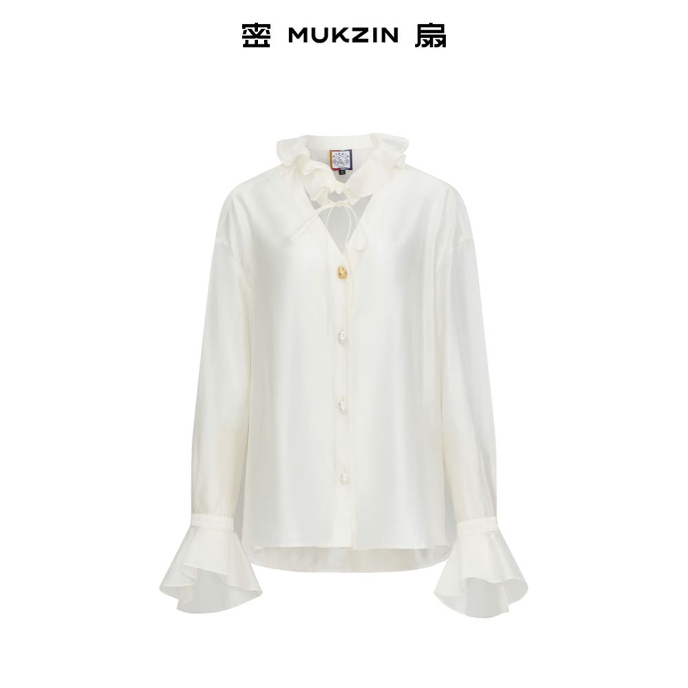 Huang Ling s Same Style Secret Fan 2025 Autumn New Collection Cloud Yao Realm Pearl White Versatile Lotus Leaf Collar Shirt image 4