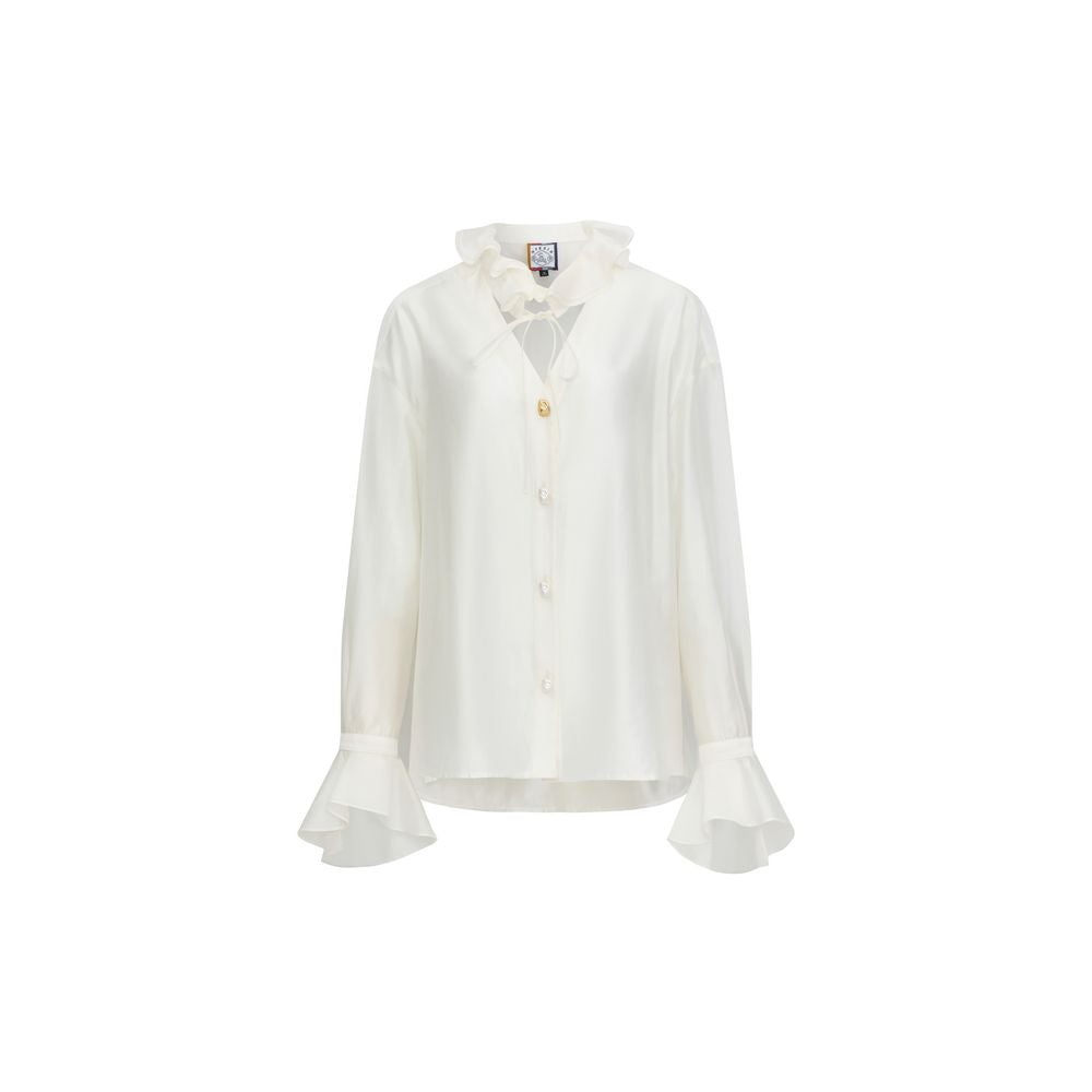 Huang Ling s Same Style Secret Fan 2025 Autumn New Collection Cloud Yao Realm Pearl White Versatile Lotus Leaf Collar Shirt image 6