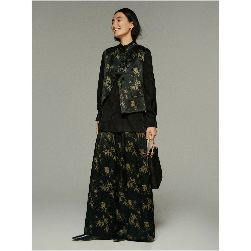 Small insect ink bamboo shadow new Chinese style plant dyeing bamboo leaf printing irregular placket vest loose wide leg pants image 0