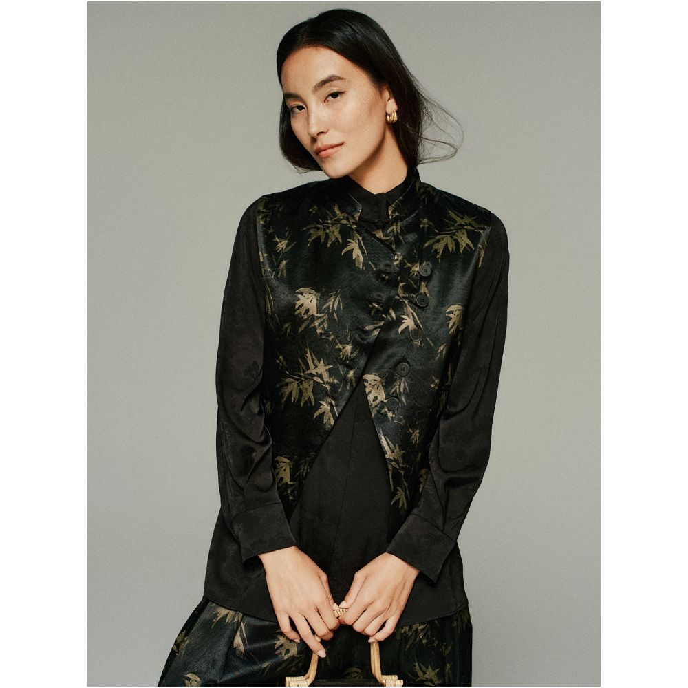 Small insect ink bamboo shadow new Chinese style plant dyeing bamboo leaf printing irregular placket vest loose wide leg pants image 1