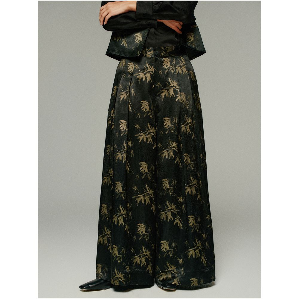 Small insect ink bamboo shadow new Chinese style plant dyeing bamboo leaf printing irregular placket vest loose wide leg pants image 3
