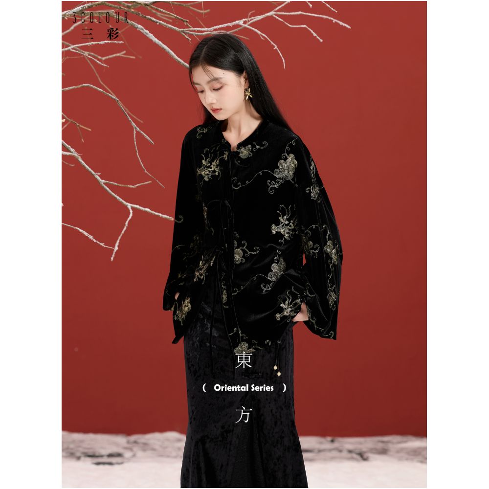 Three color sunset melting gold 2025 autumn and winter new style new Chinese velvet jacket lantern sleeve top women s C image 0
