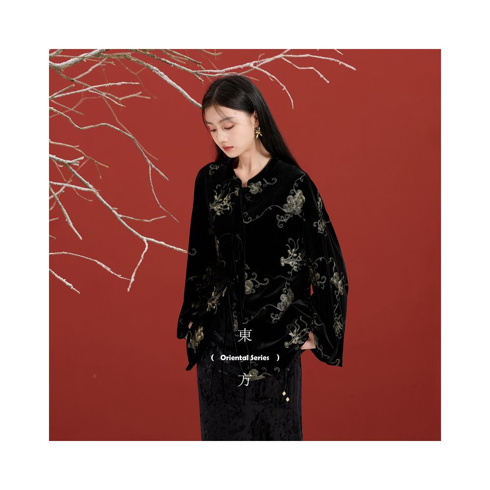 Three color sunset melting gold 2025 autumn and winter new style new Chinese velvet jacket lantern sleeve top women s C image 5