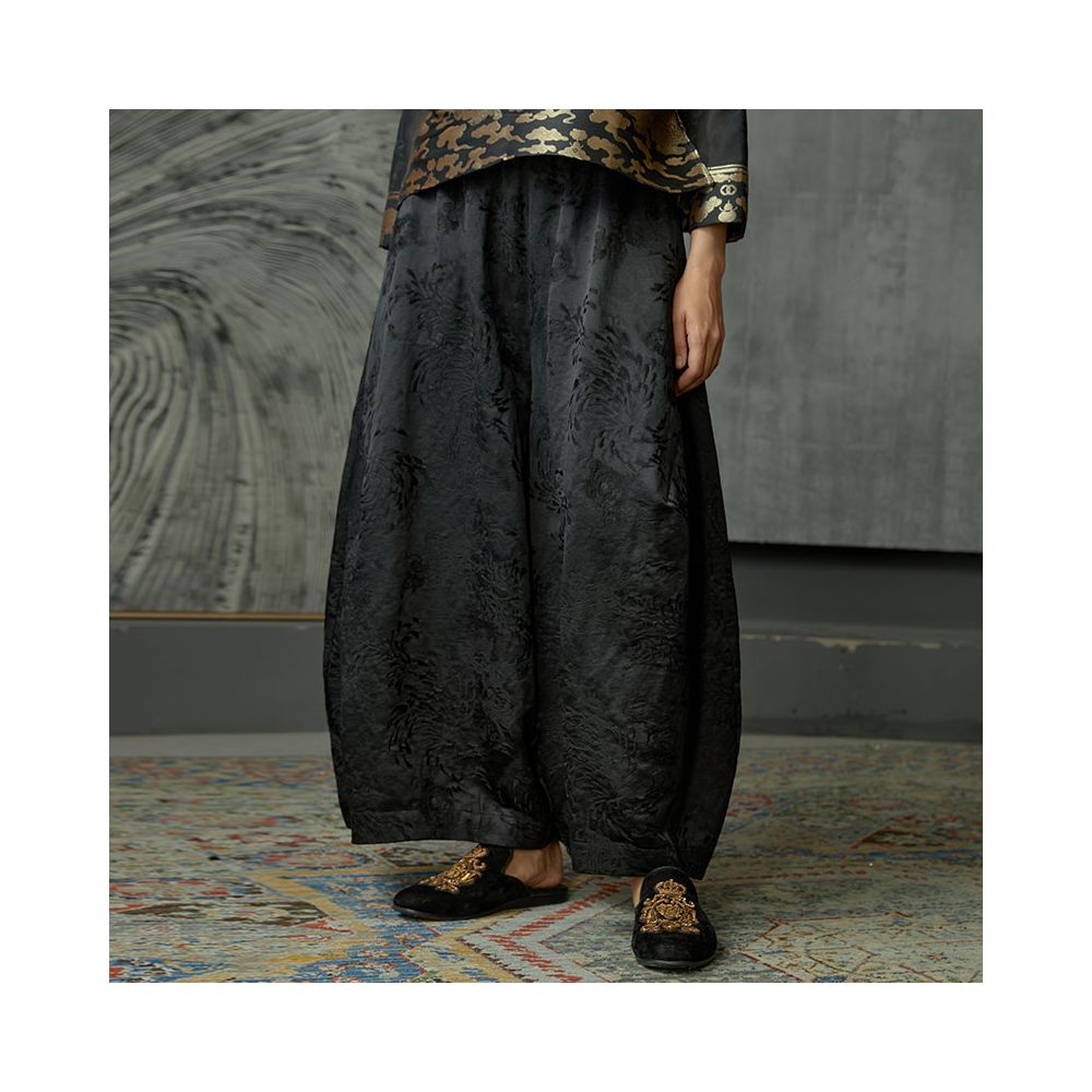 Contour Retro Fireworks Wide Leg Pants Black Ethnic Style Casual Pants Show Thin and High Versatile Concealing Meat Original Design Women s Pants image 6
