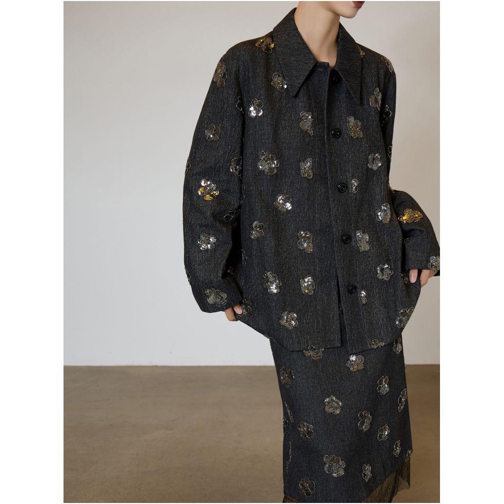 Heavy Industry High Intelligence Leisure Style Shining Denim Shirt Half Skirt Two piece Set for Women s Luxury 2025 Autumn and Winter New image 3