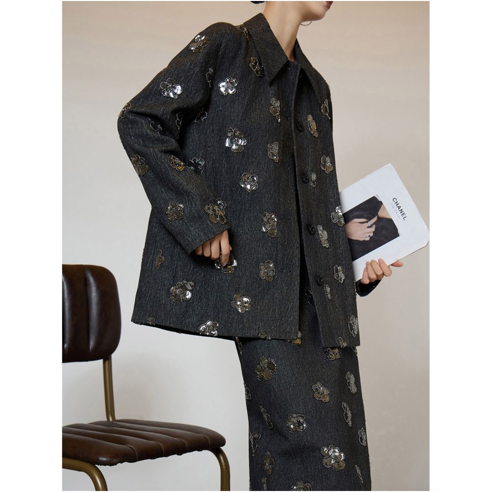 Heavy Industry High Intelligence Leisure Style Shining Denim Shirt Half Skirt Two piece Set for Women s Luxury 2025 Autumn and Winter New image 7