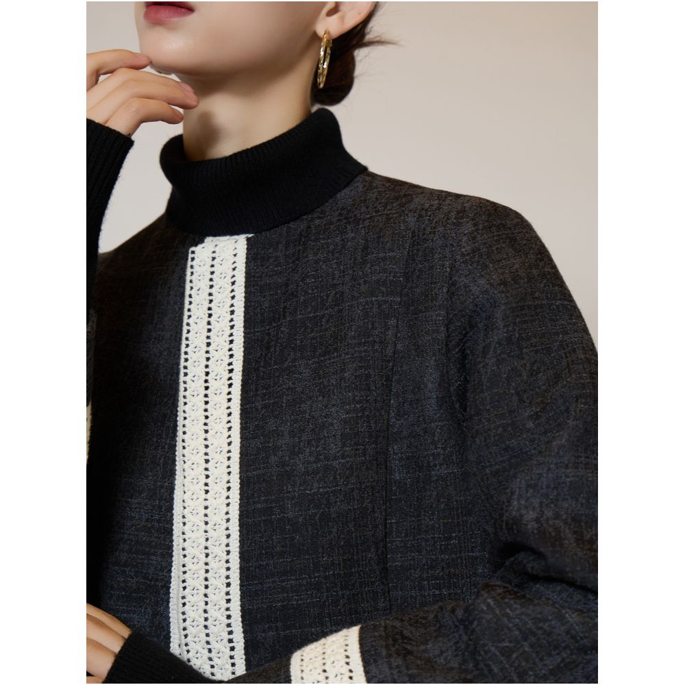 Black and white contrasting patchwork lace small fragrant style jacket women s high neck loose and huge good looking outfit 2025 autumn and winter image 1