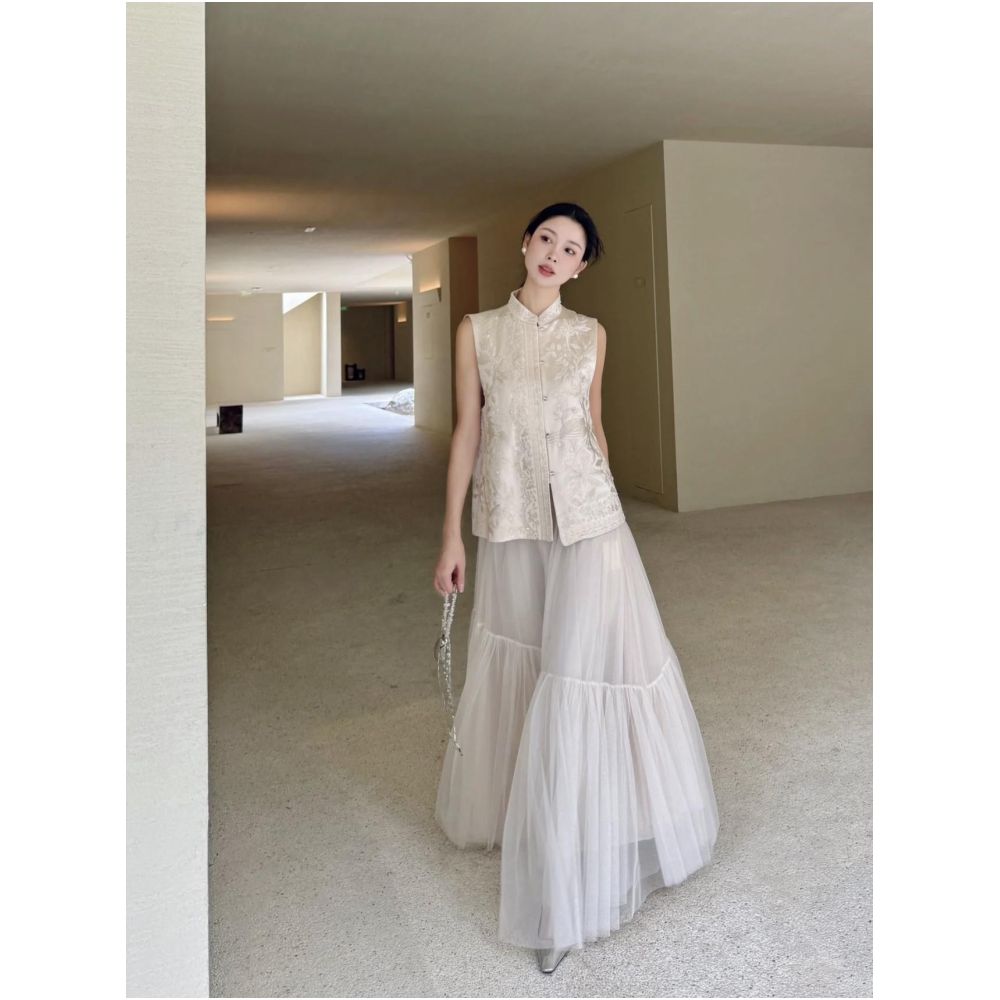 2025 Spring Summer New Product New Chinese style Nail Bead Embroidery Chinese Style Vest Coat Fairy Air Mesh Half Skirt Set image 10