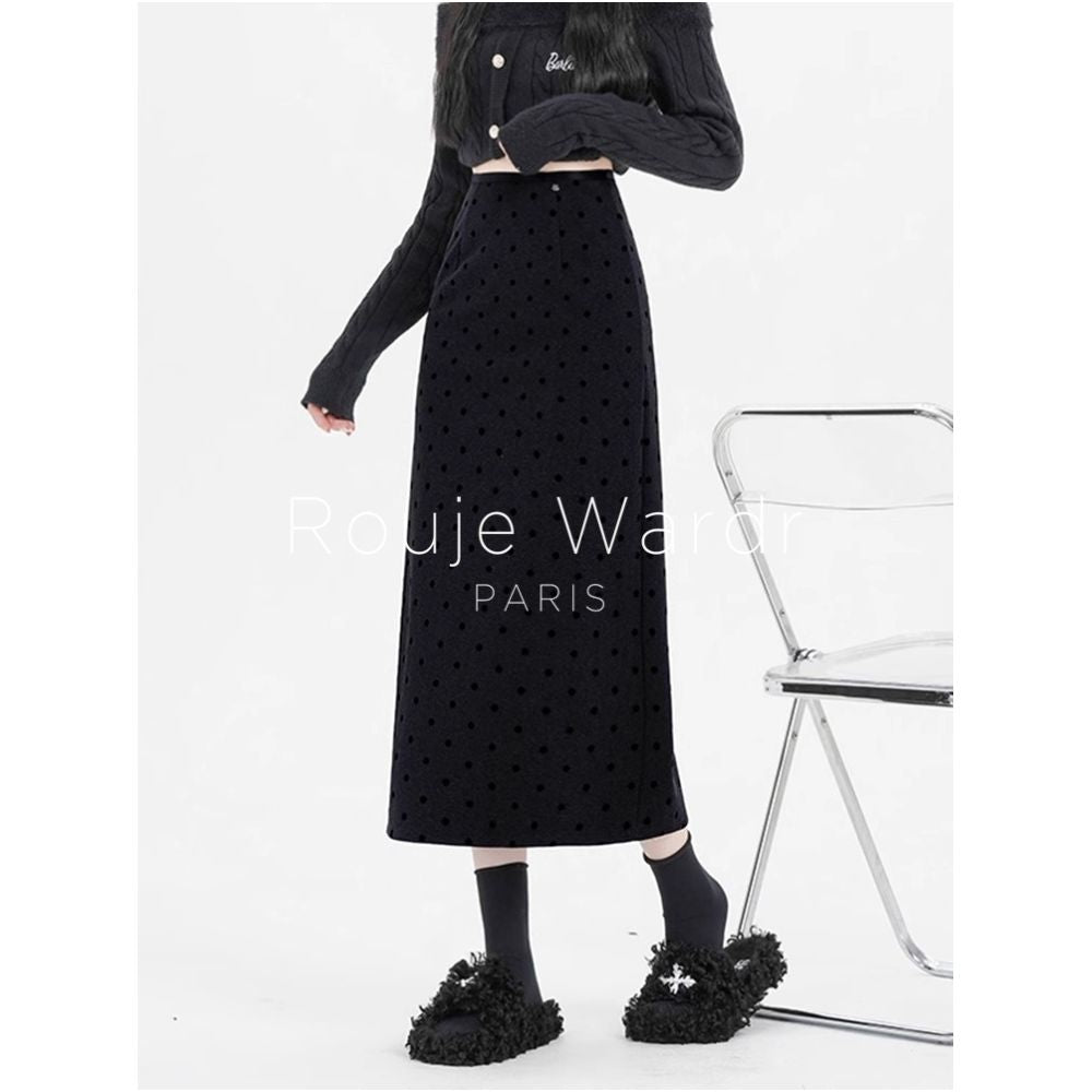Rouje Wardr French polka dot woolen midi skirt for women in autumn and winter with a slit and a shape to wrap the hips and thicken the straight tube long skirt image 2
