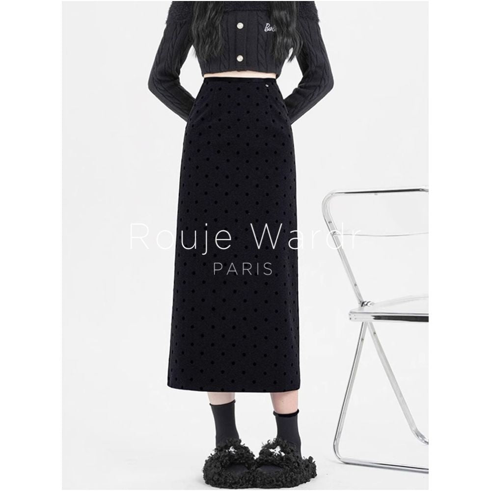 Rouje Wardr French polka dot woolen midi skirt for women in autumn and winter with a slit and a shape to wrap the hips and thicken the straight tube long skirt image 3