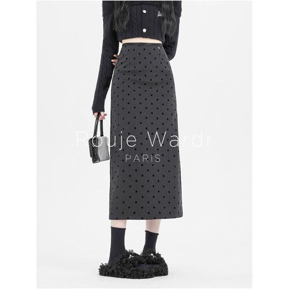 Rouje Wardr French polka dot woolen midi skirt for women in autumn and winter with a slit and a shape to wrap the hips and thicken the straight tube long skirt image 4