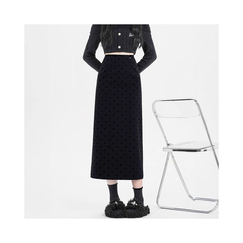 Rouje Wardr French polka dot woolen midi skirt for women in autumn and winter with a slit and a shape to wrap the hips and thicken the straight tube long skirt image 8
