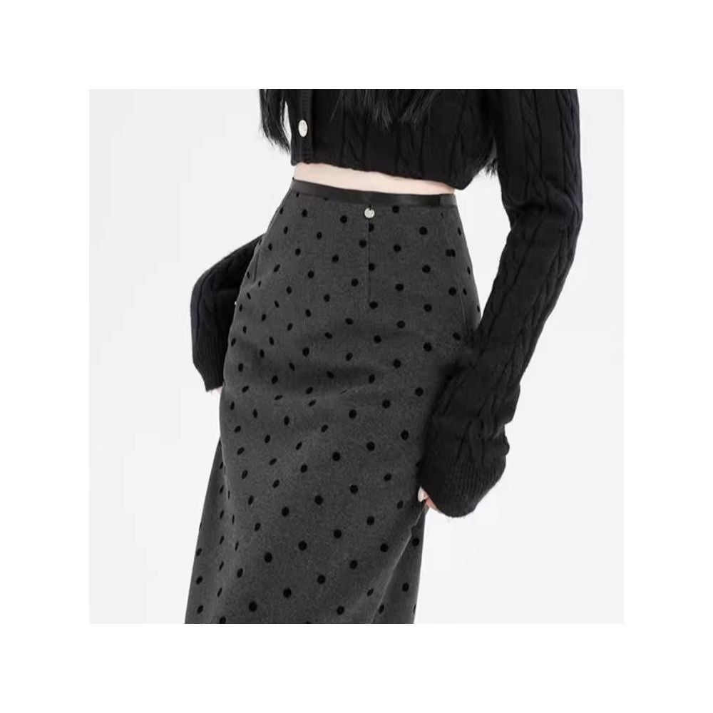 Rouje Wardr French polka dot woolen midi skirt for women in autumn and winter with a slit and a shape to wrap the hips and thicken the straight tube long skirt image 9