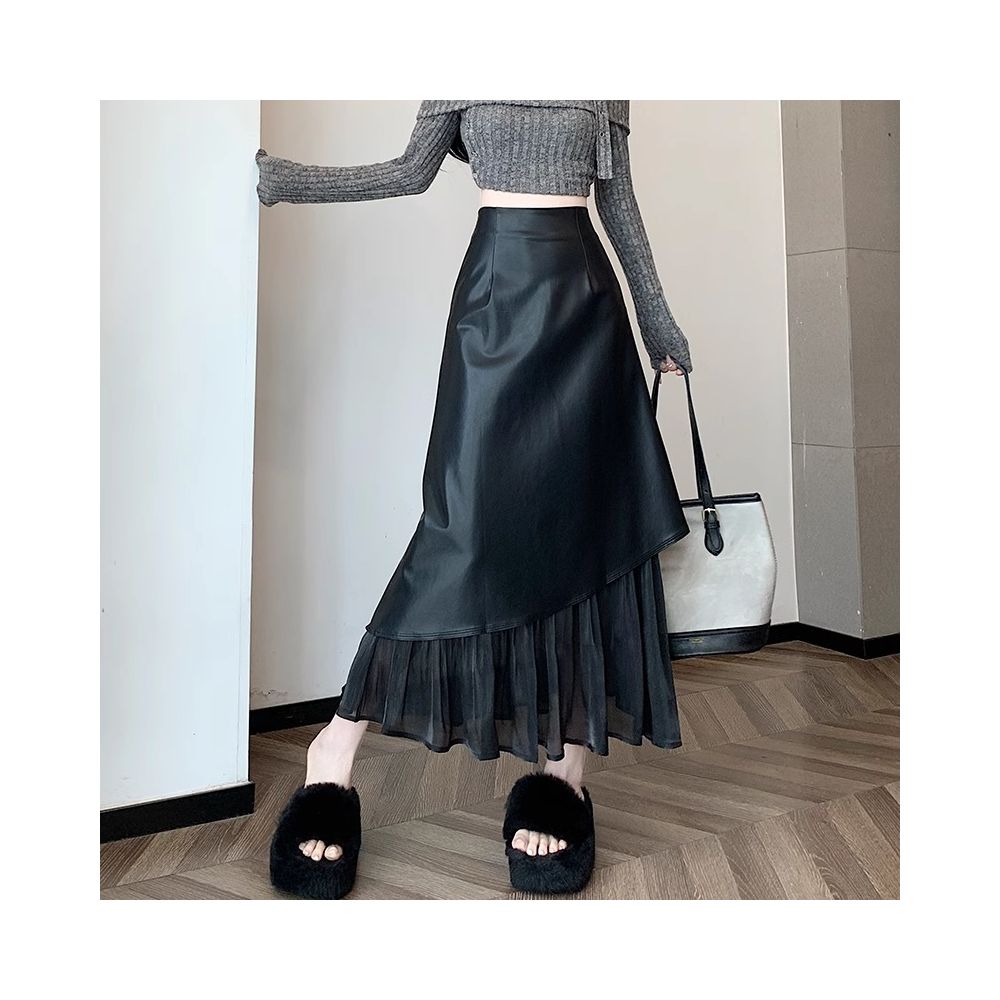 ASAYA5318 – Luxe Layered Leather Midi Skirt 🍫✨