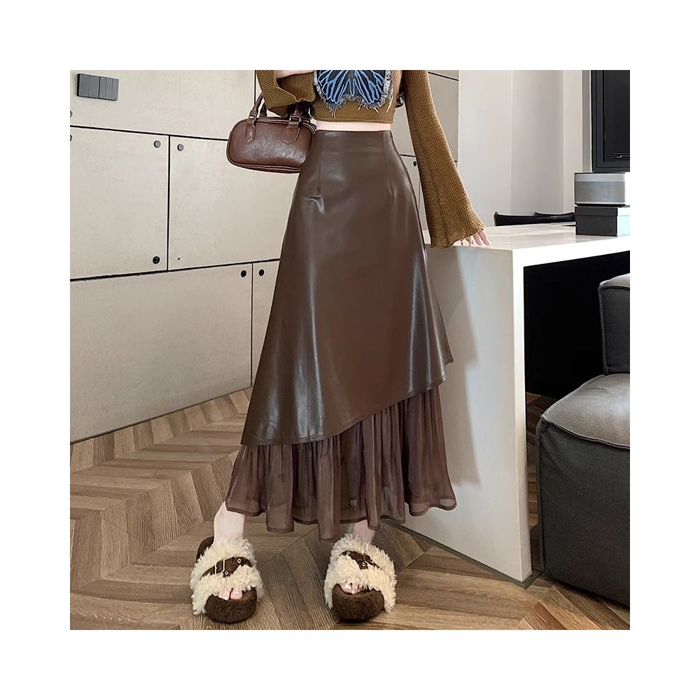 ASAYA5318 – Luxe Layered Leather Midi Skirt 🍫✨