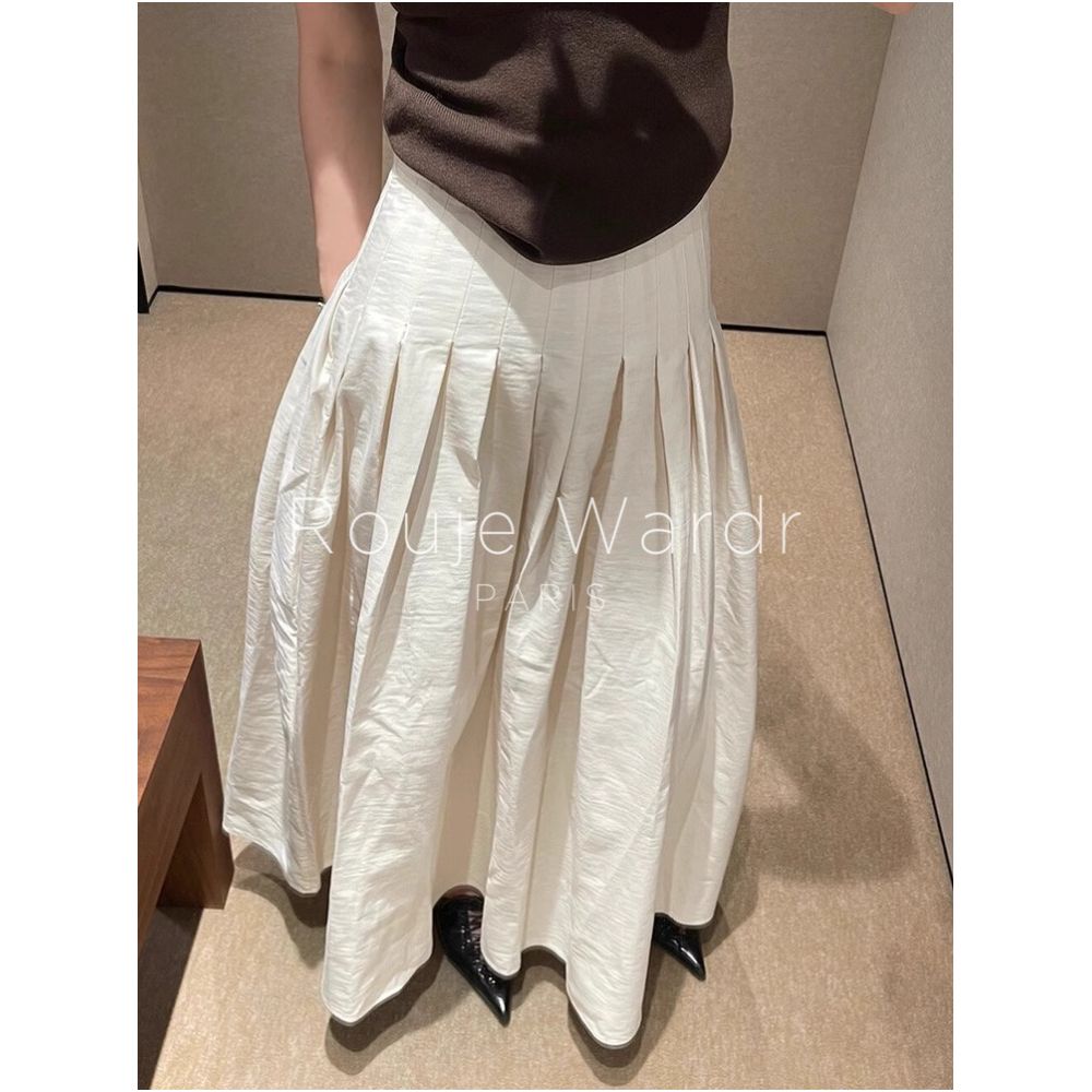 Rouje Wardr French white A line pleated skirt for women in summer with a high end feel and a high waist hanging A line umbrella skirt image 2