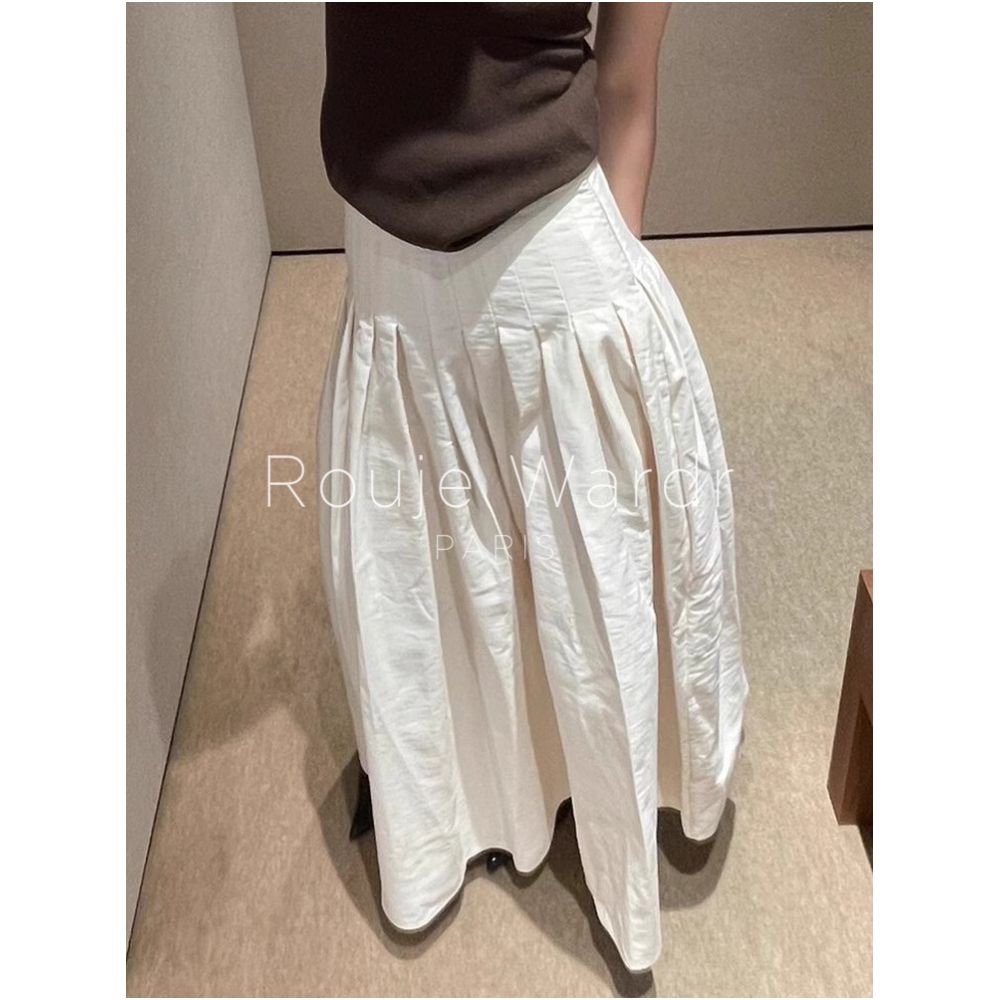 Rouje Wardr French white A line pleated skirt for women in summer with a high end feel and a high waist hanging A line umbrella skirt image 3