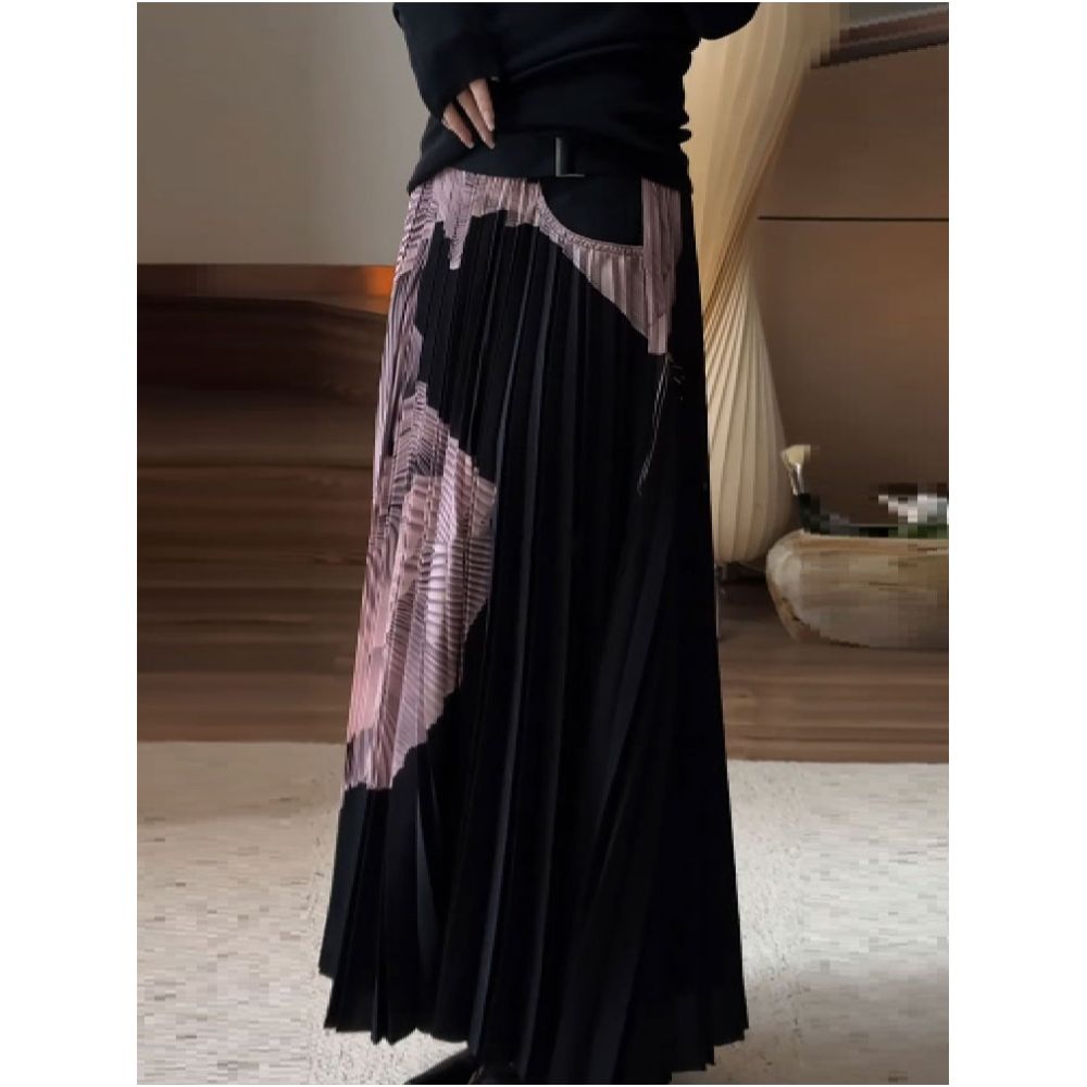 French plus size pleated skirt for women in autumn 2025 new design printed A line skirt slimming and high waisted long skirt image 1